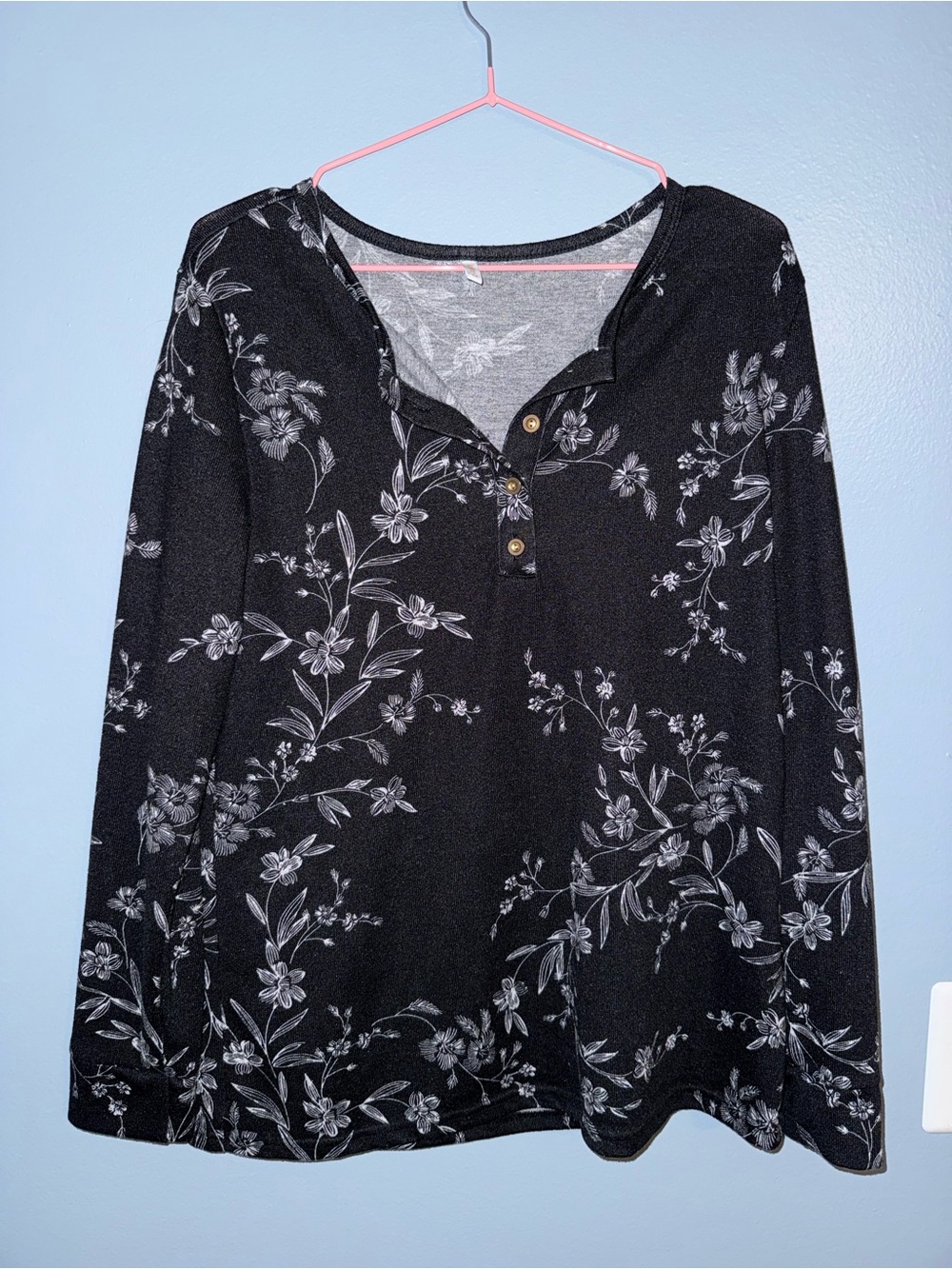 Black Floral Henley Long Sleeve Top MEDIUM